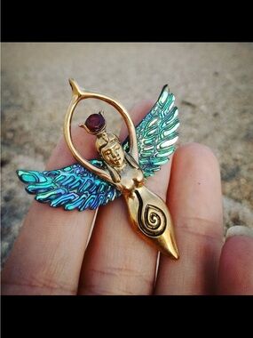 Brass Goddess Pendant with Iridescent Abalone Wings and Ruby Stone w/ Chain